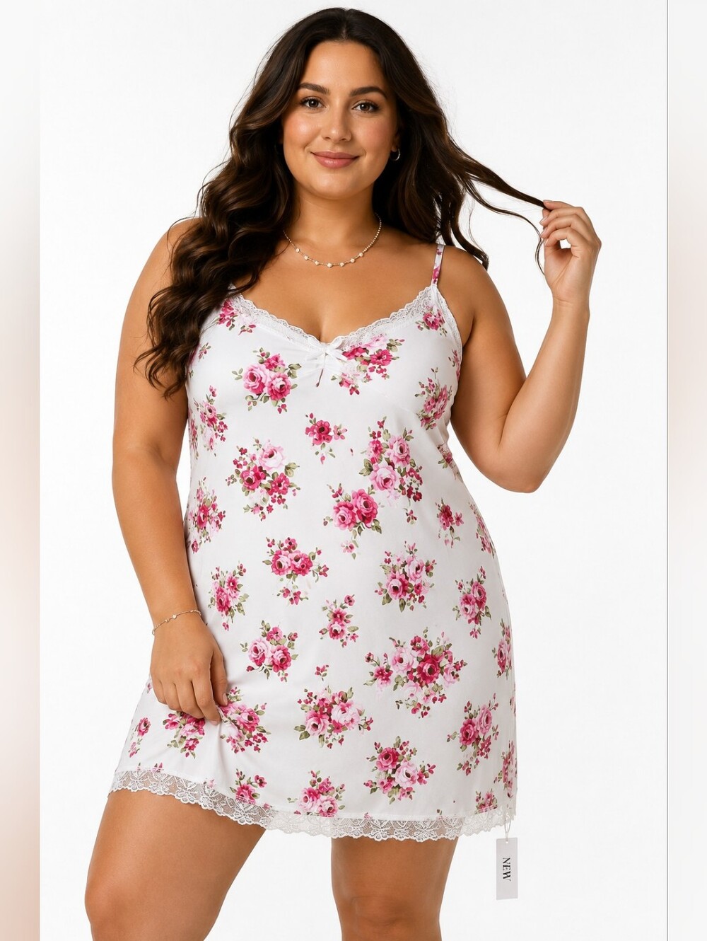 NEW Floral Lace Trim Nightgown Slip Dress L White Pink Cottagecore Coquette